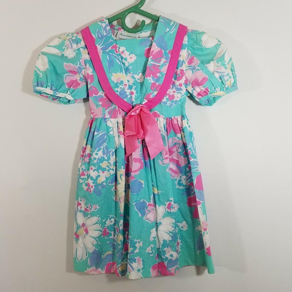 Rare Editions Girls Party Dress Size 4 Floral USA Union Pink Satin Teal Vintage